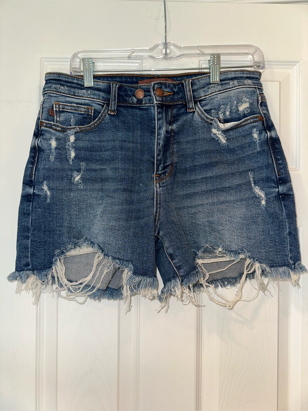 Judy Blue Distressed High Rise Frayed Hem Denim Shorts Size Large